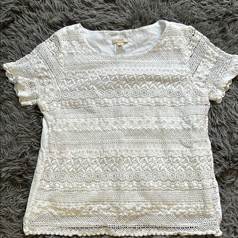 J. Crew White Boxy Embellished Short Sleeve Blouse